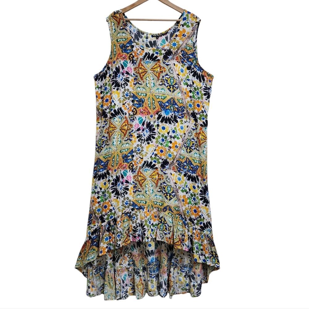 Tolani Sleeveless Floral Dress Sz 2X Modal Multi Print Hi Low Ruffle Flounce Hem